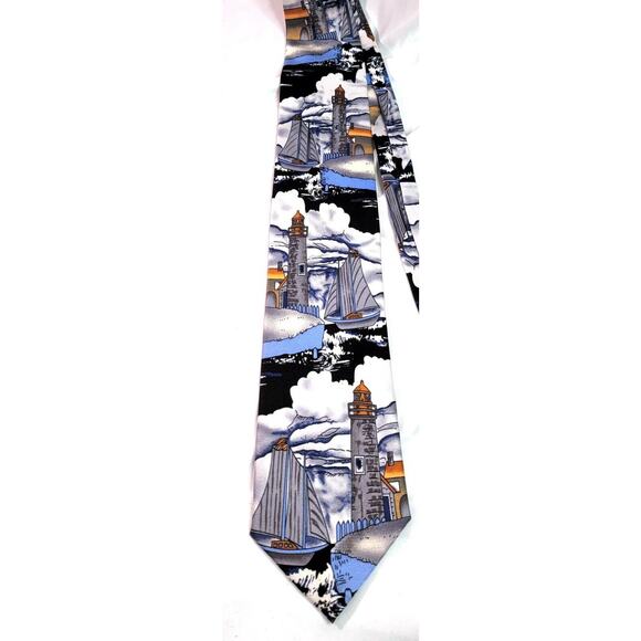 Viva Silk Men's 100% Silk Necktie Designer SAILBOATS LIGHTHOUSES Blue EUC - Picture 1 of 6